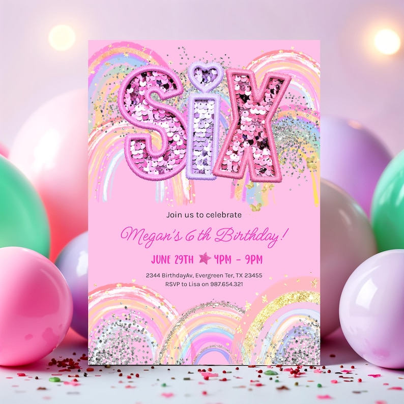 6th Birthday Invitation Girl Editable Rainbow Sequin Glitter Invite Printable Template for Girls Party, Girls Pink Birthday Invite