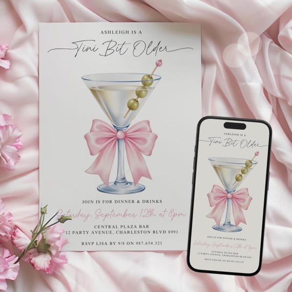 Tini Bit Older Martini Birthday Invitation with Pink Bow