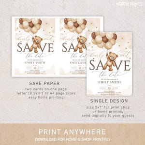 Puede incluir: Invitaci&oacute;n para baby shower con un oso de peluche y globos. El texto dice "We can bearly wait" y "Save the date", con detalles del evento. Dise&ntilde;o en tonos marrones y beige.