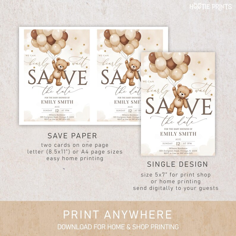 Puede incluir: Invitaci&oacute;n para baby shower con un oso de peluche y globos. El texto dice "We can bearly wait" y "Save the date", con detalles del evento. Dise&ntilde;o en tonos marrones y beige.