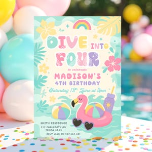 Editable Preppy 4th Birthday Pool Party Invitation Varsity Girl Fashion Dive Into Four 4th Birthday Summer Party Instant Download