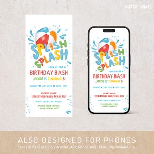 May include: A colorful birthday party invitation with a beach ball and the words "Splish Splash" in a playful font. The invitation is for a birthday bash for Jacob, who is turning 5. The invitation includes the date, time, and location of the party, as well as a request for guests to bring a towel and bathing suit.