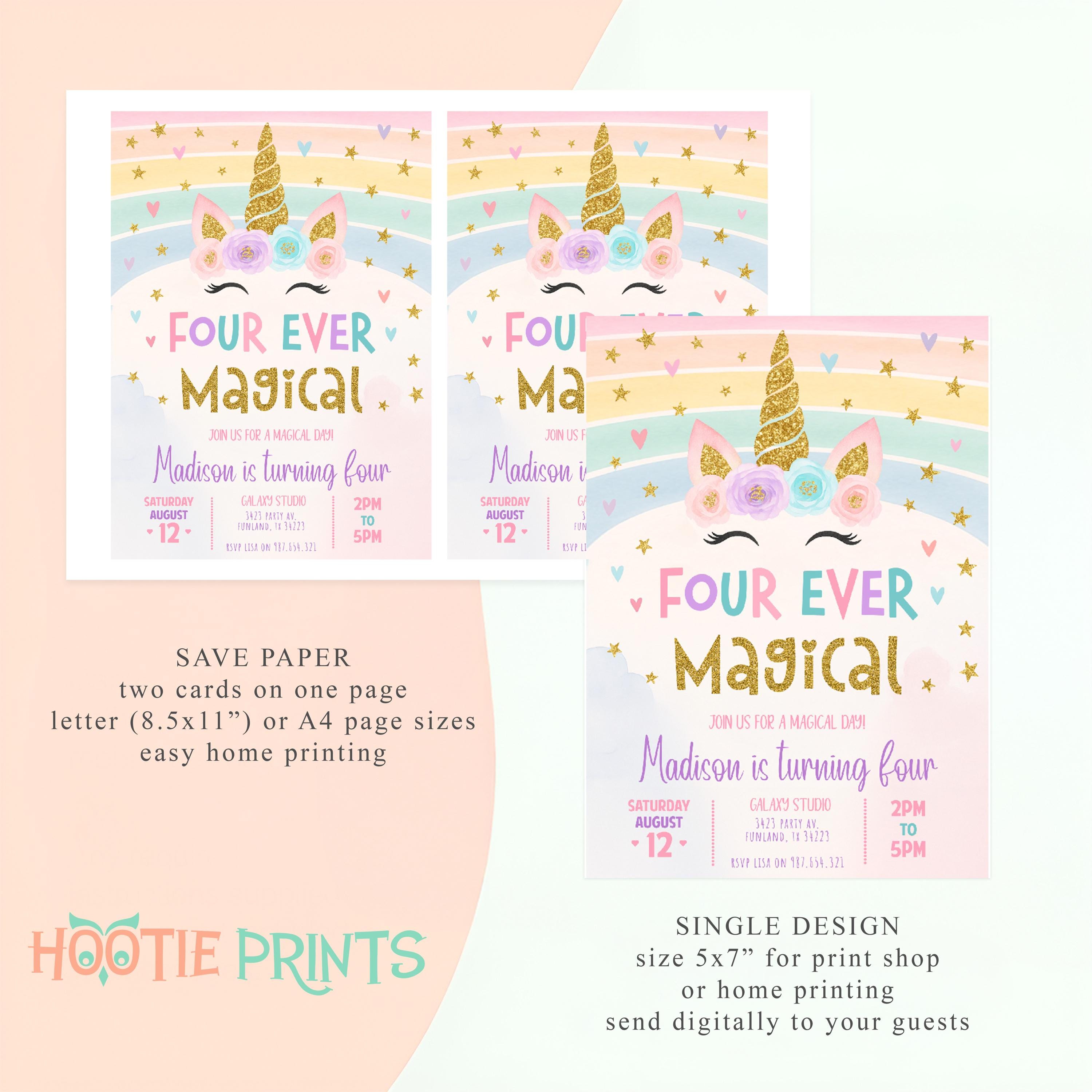 Editable Unicorn 4th Birthday Invitation Four Ever Magical Party Invite ...