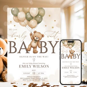Invito modificabile per baby shower a tema orso neutro, invito per baby shower "We Can Bearly Wait", invito per baby shower a tema orso boho verde, invito per baby shower a tema orso neutro NBS45
