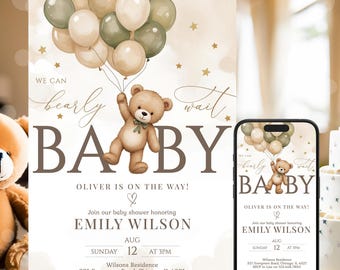 We Can Bearly Wait Baby Shower Invitation with Bear and Balloons NBS45