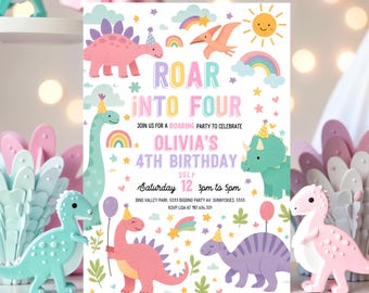 Invitación editable para fiesta de cumpleaños número 4 de dinosaurios "Roar Into Four", plantilla para fiesta de cumpleaños de dinosaurio T-Rex rosa