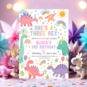 Editable Three Rex Girl Dinosaur Birthday Party Invitation Pink T-Rex Dinosaur 3rd Birthday Party Cute Dinosaur 3rd Birthday Invite Party