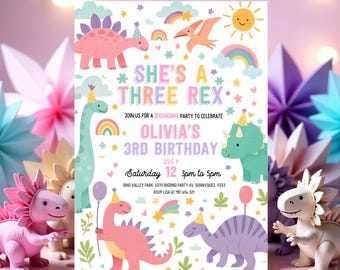 Invitación editable para fiesta de cumpleaños de tres niñas con dinosaurios Rex. Fiesta de tercer cumpleaños con dinosaurio T-Rex rosa. Invitación linda para tercer cumpleaños con dinosaurios.