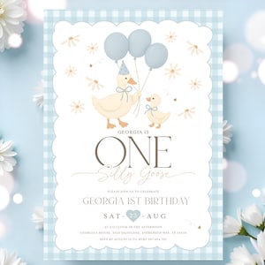One Silly Goose Birthday Invitation, 1st Birthday Boy Blue Invite Printable, Goose 1st Birthday, Goose Invitation Template