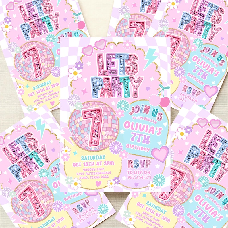Preppy Varsity 7th Birthday Invitation, Pastel Groovy Party Invite, Glitter Disco Girl Invitation, Editable Template Download image 2