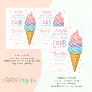 May include: Printable invitation for a 4th birthday party with an ice cream theme. The invitation features a colorful ice cream cone with sprinkles and the text "I scream, you scream, we all scream, four ice cream!" and "You're invited to Charlotte's 4th Birthday".