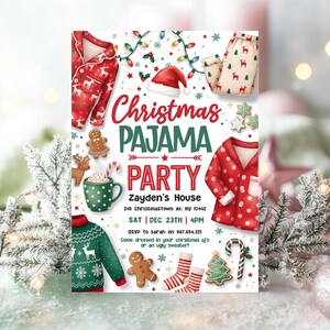 May include: A Christmas Pajama Party invitation with festive illustrations. The invitation features red and green text, along with images of pajamas, gingerbread men, and a Santa hat. The details include the party's date, time, and location.