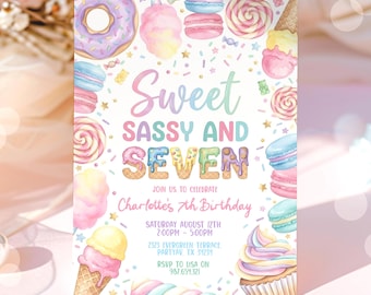 Sweet Sassy and Seven Birthday Invitation, 7th Birthday Girl Invite, Sweet Seven Birthday Invitation, Candy Sweets Donut, Canva Template