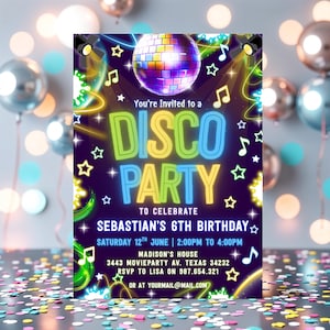 Editable Boys Neon Glow Disco Party Invitation, Instant Download Neon Dance Party Invite, Bright Retro Birthday Invite