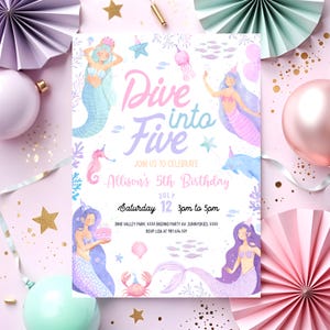 Dive Into Five Mermaid Invitation - Pink Girl 5th Birthday Invite - Editable Template - Pastel Under the Sea Theme