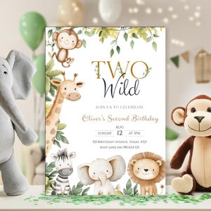 EDITIERBARE Safari-Geburtstagseinladung, zwei wilde Einladungen zum 2. Geburtstag, Gold-Dschungeltiere Einladungen, druckbare Vorlage, Sofort-Download