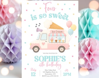 May include: An ice cream truck themed invitation in pastel pink and white, with the text "Four is so sweet." The invitation includes the text "Sophie's 4th birthday" and event details. Decorative honeycomb paper balls in pink, purple, and teal are in the background.