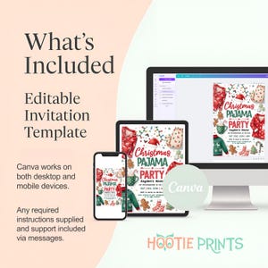 May include: A digital invitation template for a Christmas Pajama Party, displayed on a computer monitor, tablet, and smartphone. The invitation features festive graphics and the text "Christmas Pajama Party". The template is editable using Canva.