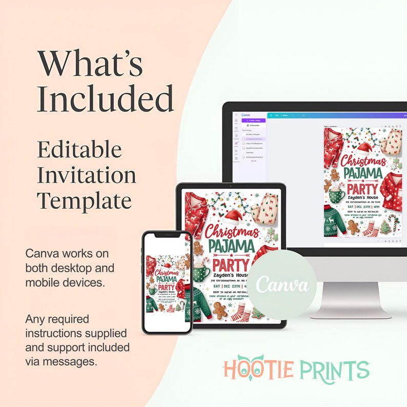 May include: A digital invitation template for a Christmas Pajama Party, displayed on a computer monitor, tablet, and smartphone. The invitation features festive graphics and the text "Christmas Pajama Party". The template is editable using Canva.