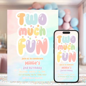 Convite Two Much Fun, Convite para 2º aniversário com balões em tons pastel, Convite para festa de 2º aniversário de menina, Confete colorido, Download instantâneo