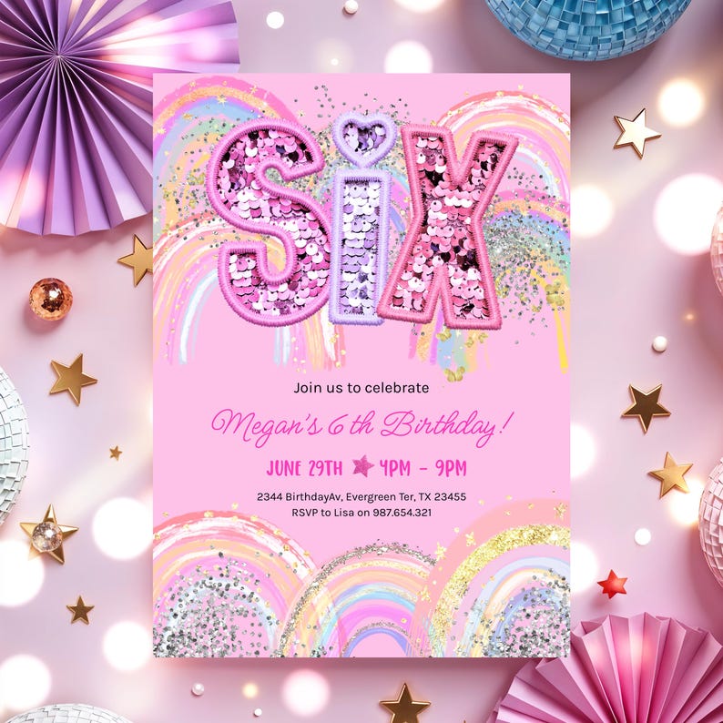 6th Birthday Invitation Girl Editable Rainbow Sequin Glitter Invite Printable Template for Girls Party, Girls Pink Birthday Invite