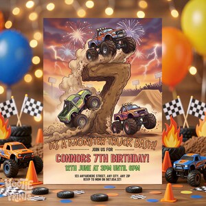 Pode incluir: Um convite colorido para uma festa de aniversário com tema de monster truck. O design apresenta ilustrações de monster trucks saltando sobre um grande número sete, fogos de artifício e o texto "IT'S A MONSTER TRUCK BASH!"