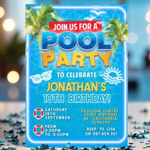 Invito di compleanno per festa in piscina modificabile, invito al neon per nuotare per ragazzi, modello Canva per compleanno in piscina blu e verde, download digitale, invito per ragazzi