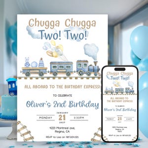 Editable Chugga Chugga Two Two Birthday Invitation Train Second Birthday Printable Invite All Aboard Boys Birthday Invite Train Invite
