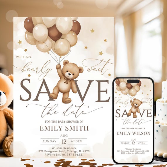EDITABLE Gender Neutral Bear Baby Shower Save the Date, We Can Bearly Wait Baby Shower Save The Date Template, Brown Beige Boho Bear NBS46