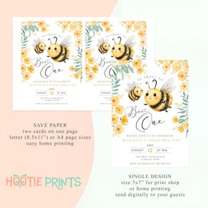 Op de afbeelding: Twee printbare uitnodigingen voor een eerste verjaardagsfeest met een bijen-thema. De uitnodigingen tonen een gele en zwarte bij met een hartje en de tekst "So Sweet to Bee One". De uitnodigingen bevatten ook de tekst "Please join us to celebrate Madison's First Bee-Day" en de datum en tijd van het feest.