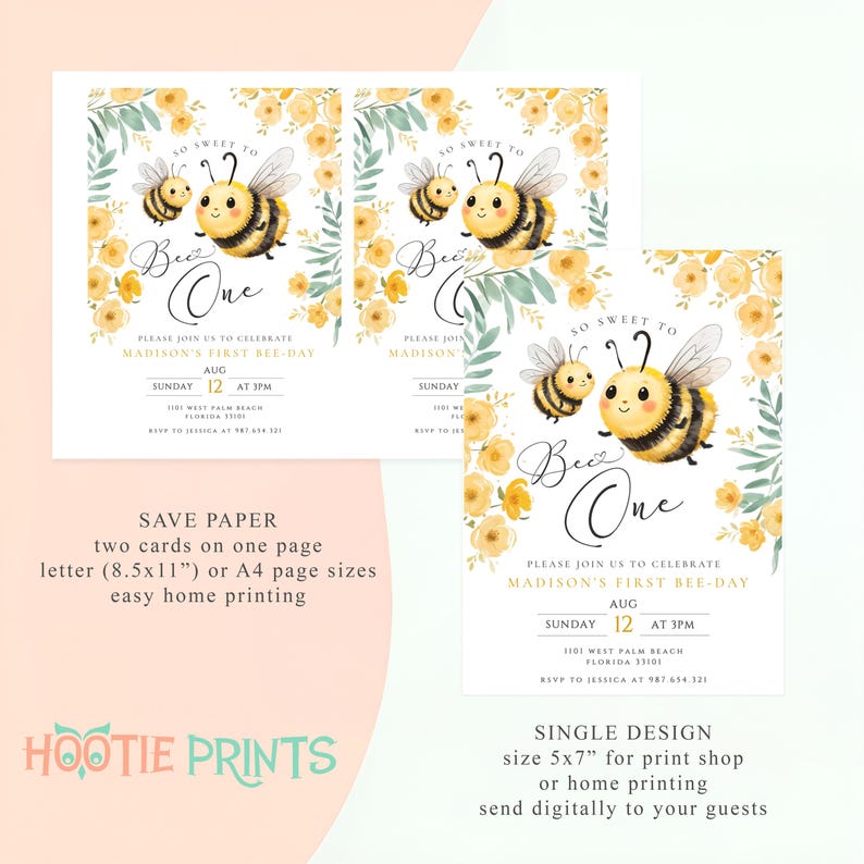 Op de afbeelding: Twee printbare uitnodigingen voor een eerste verjaardagsfeest met een bijen-thema. De uitnodigingen tonen een gele en zwarte bij met een hartje en de tekst "So Sweet to Bee One". De uitnodigingen bevatten ook de tekst "Please join us to celebrate Madison's First Bee-Day" en de datum en tijd van het feest.