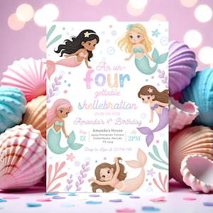 Editable Un Four Gettable Mermaid Birthday Invitation Editable 4th Birthday Pool Party Under the Sea Purple Pastel Template Download
