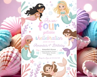 Editable Un Four Gettable Mermaid Birthday Invitation Editable 4th Birthday Pool Party Under the Sea Purple Pastel Template Download