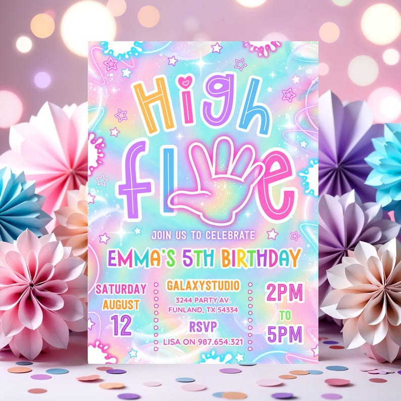 May include: A colorful birthday party invitation with the words "High Five" in a playful font. The invitation includes details for Emma's 5th birthday, with the date, time, and location. The background is a pastel rainbow with star and swirl accents.