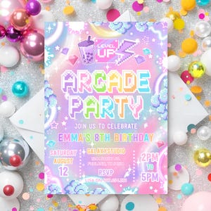 May include: A pink, purple, and blue invitation with a pixelated arcade theme. The invitation says "Level Up Arcade Party" and is for Emma's 8th birthday. The invitation includes the date, time, and RSVP information.