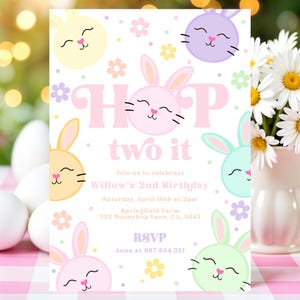 Editable Hop Two It Bunny 2nd Birthday Party Invitation Hop On Over Party Daisy Floral Bunny Birthday Spring Party Instant Download