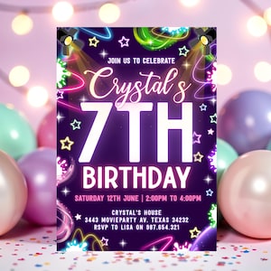Editable Neon 7th Birthday Girls Glow Party Invitation, Girls Seven Invite, Instant Download Canva Template, Neon Party Invite
