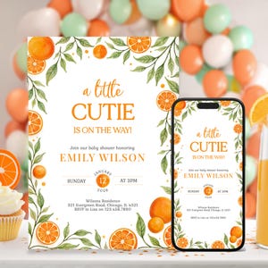 Editable Little Cutie Baby Shower Invitation Bundle, Orange Baby Shower Invite, Gender Neutral Orange Citrus Baby Shower Invite