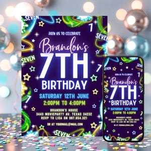 Editable Neon 7th Birthday Boys Glow Party Invitation, Boys Seventh Invite, Instant Download Canva Template, Neon Party Invite