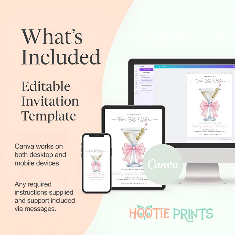 May include: An editable invitation template displayed on a smartphone, tablet, and computer monitor. The invitation features a martini glass with a pink bow and olives. The text reads "Time Bit Older". The Canva logo is also visible.