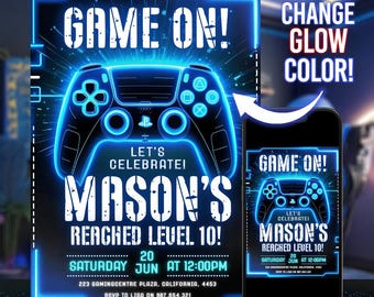 Video Game Birthday Invitation for Boys Neon Glow Level Up Party