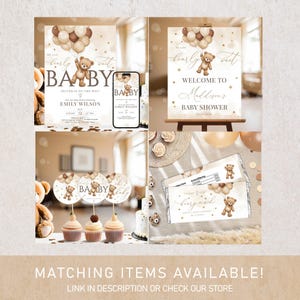 Puede incluir: Un collage de decoraciones para baby shower con tem&aacute;tica de osito de peluche. Incluye invitaciones, un letrero de bienvenida, adornos para cupcakes y envoltorios de barras de chocolate. El texto incluye "bearly wait" y el nombre del beb&eacute;.