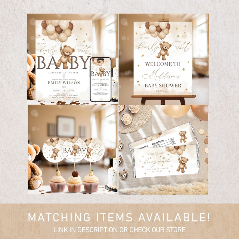 Puede incluir: Un collage de decoraciones para baby shower con tem&aacute;tica de osito de peluche. Incluye invitaciones, un letrero de bienvenida, adornos para cupcakes y envoltorios de barras de chocolate. El texto incluye "bearly wait" y el nombre del beb&eacute;.