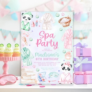 May include: A pink and blue spa party invitation with a panda bear wearing a pink robe and holding a cucumber. The invitation says "Spa Party" and "Join us to celebrate Madison's 8th Birthday".