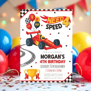 Invitación de cumpleaños de coche de carreras, Need Four Speed, invitación para el cuarto cumpleaños, tema de cuarto cumpleaños de niño, invitación de coche de carreras, fiesta de cumpleaños de carreras