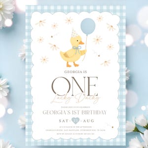 Editable One Lucky Duck Birthday Invitation, Cute Yellow Duck First Birthday Invite, One Silly Goose Invite, One Lucky Duck Boy Invite
