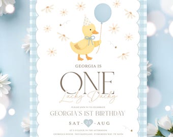 Editable BLUE One Lucky Duck Birthday Invitation, Cute Yellow Duck First Birthday Invite, One Silly Goose Invite, One Lucky Duck Boy Invite