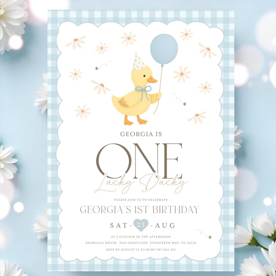 Editable BLUE One Lucky Duck Birthday Invitation, Cute Yellow Duck First Birthday Invite, One Silly Goose Invite, One Lucky Duck Boy Invite