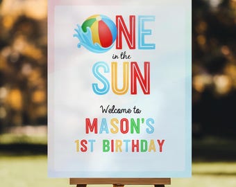 Panneau de bienvenue modifiable One In The Sun pour 1er anniversaire, ballon de plage Summer Splish Splash Boy 1er anniversaire Pool Party Téléchargement immédiat