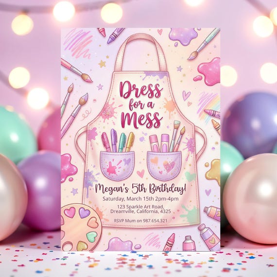 Editable Girls Art Party Invitation Dress for a Mess Kids Birthday Invite AP33